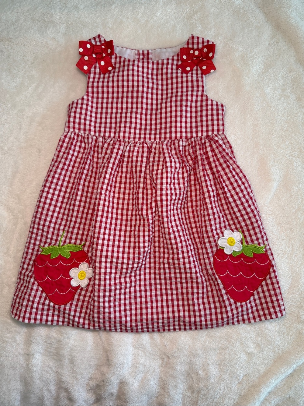 Cute Kawaii Red Gingham Strawberry Bow Dress for Girls 2T